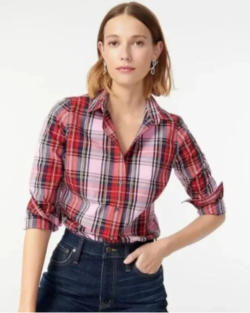 J. Crew Slim Stretch Perfect Shirt in Pink Tartan Plaid Size 0